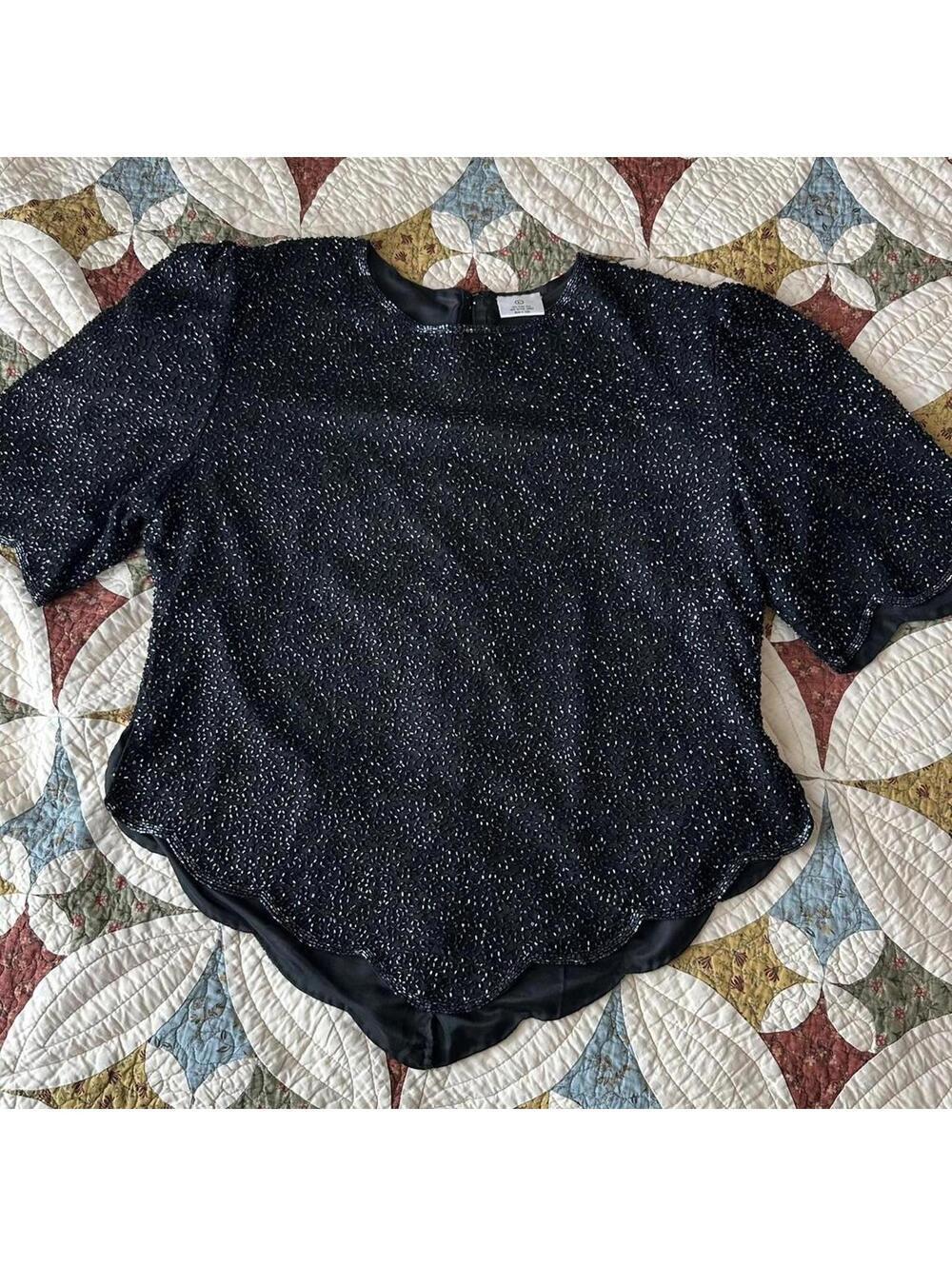 Black silk beaded fairy blouse Size L glam whimsigoth whimsical unique going out - Picture 2 of 5